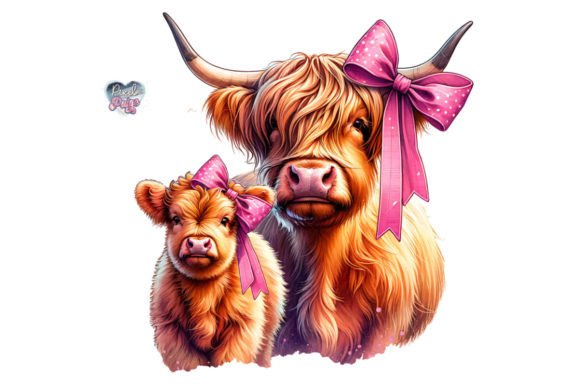Adorable Highland Cow and Calf Pink Coquette PNG